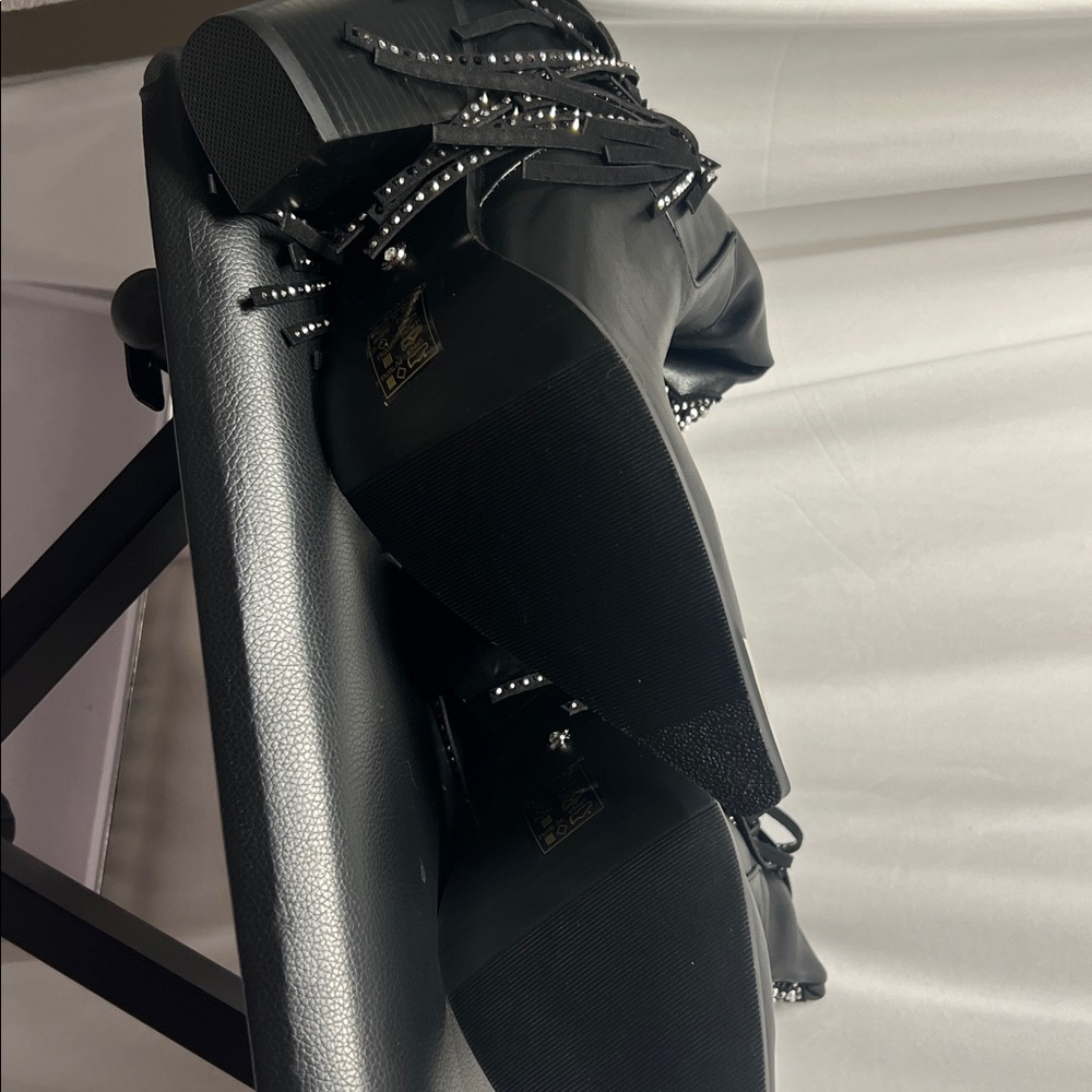 Embellished Black Fringe Heeled Boots - Picture 6 of 8